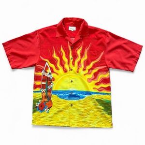 Vintage 90s Red Hawaiian Aloha Surf Button Up AOP Sun Graphic Beach Shirt